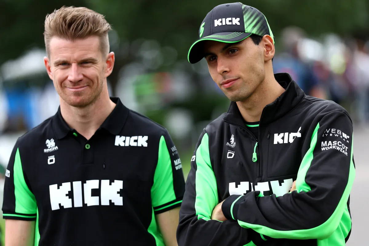 Nico Hulkenberg of Germany and Stake F1 Team Kick Sauber and Gabriel Bortoleto of Brazil and Stake F1 Team Kick Sauber looks on during previews ahead of the F1 Grand Prix of Australia at Albert Park Grand Prix Circuit on March 13, 2025 in Melbourne, Australia. 